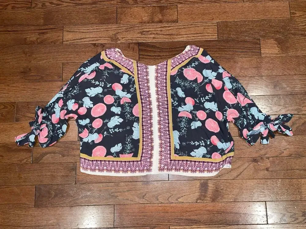 Free People Peach Print Boho Tie Sleeve Kimono Top Size M Festival